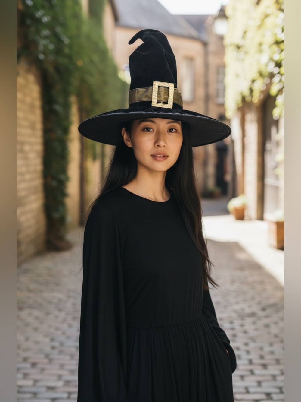 Fun World Black Velvet Witch Hat Gold Buckle Halloween Costume